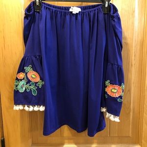 Off the shoulder, embroidery, tassel, blue top